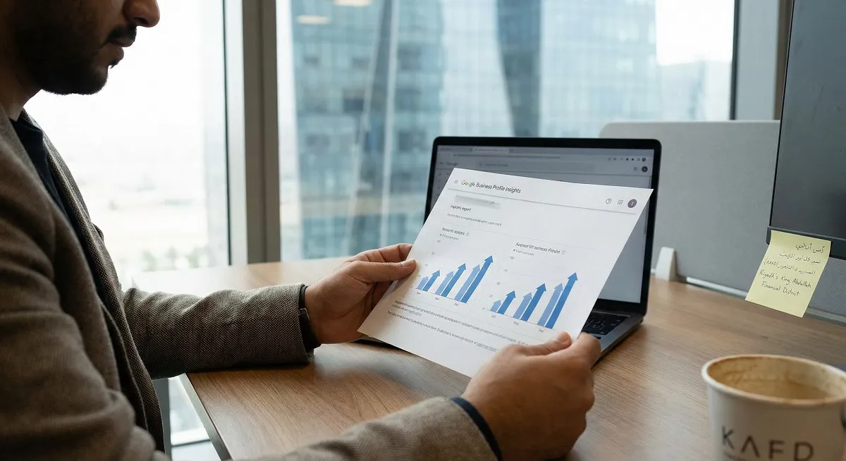 Marketing manager reviewing Google Business Profile report for photography studio in Riyadh.