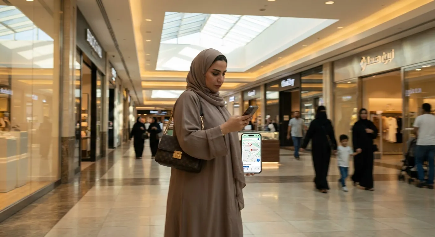 Customer searching for bakery near me on Google Maps in Muscat mall.