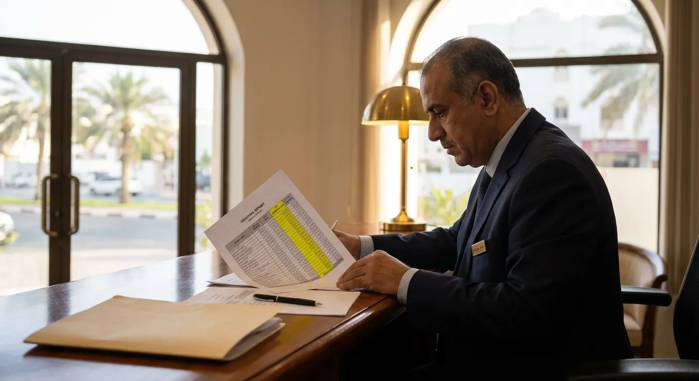 Hotel manager in Muscat reviewing OTA commission costs on financial report