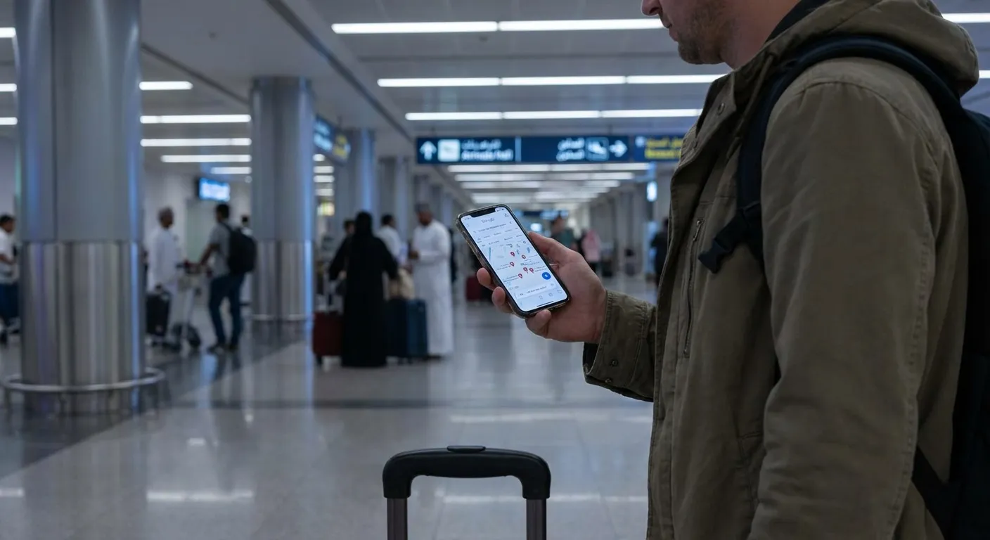 Tourist searching for hotels near Muscat airport on Google.