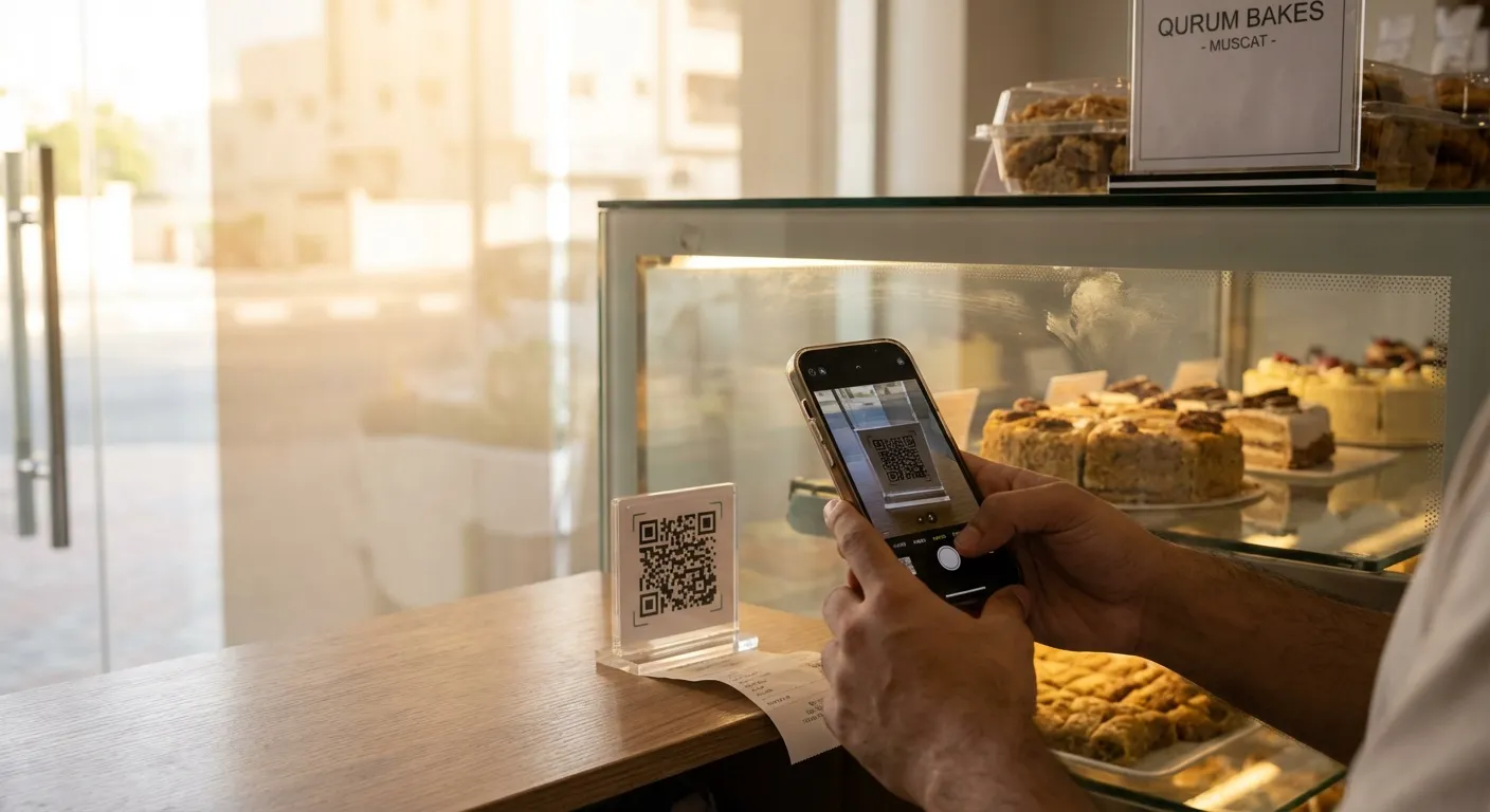 Customer leaving Google review via QR code at Muscat bakery.