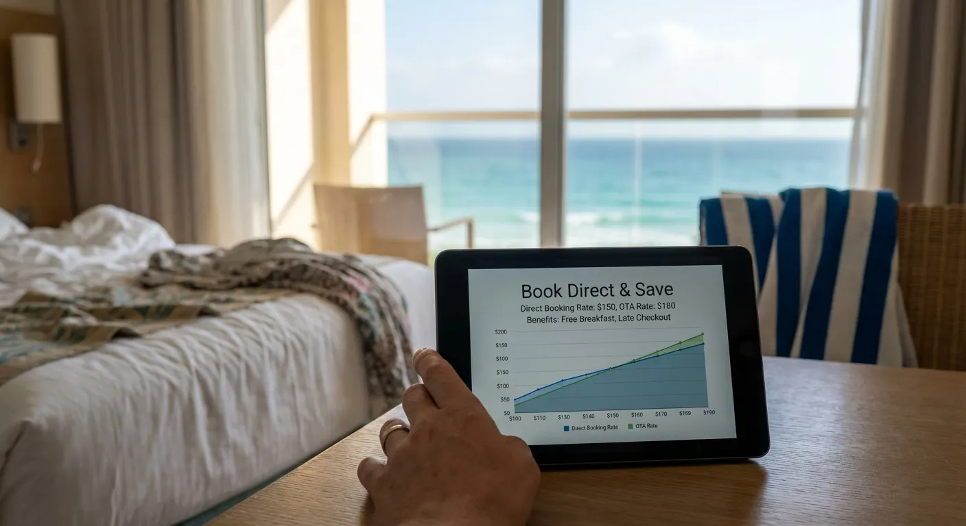 Hotel room tablet showing direct booking benefits at Salalah resort.