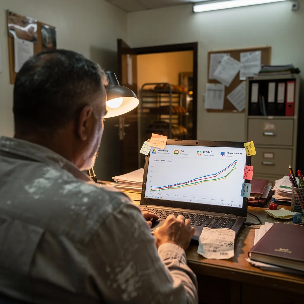 Bakery owner in Muscat reviewing Google Business Profile performance data