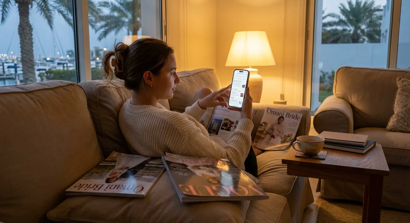 Bride searching for wedding planner in Muscat on Google Maps.