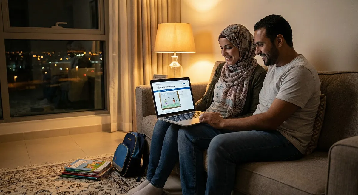 Parents researching private school options online at home in the evening on a laptop