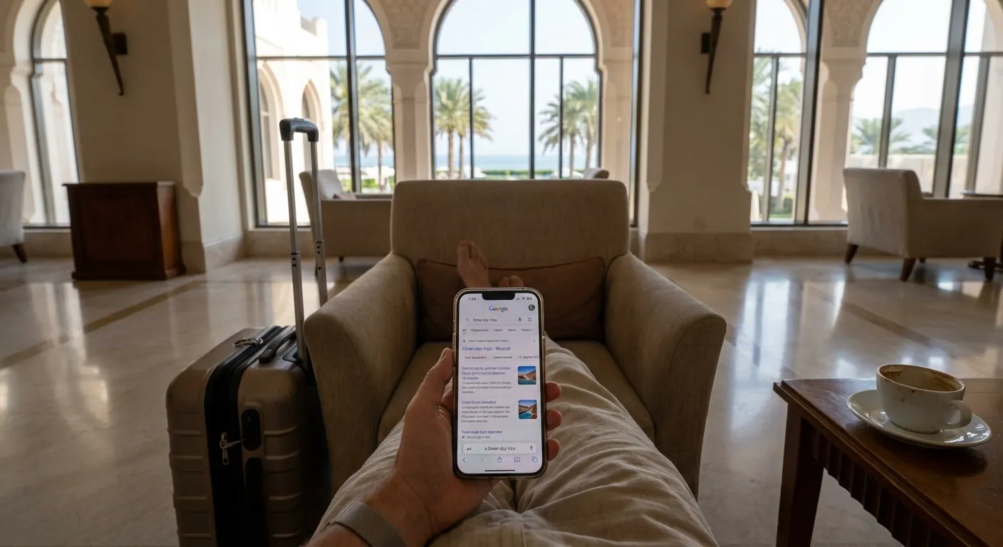 Tourist searching for travel agency Muscat tours on Google.