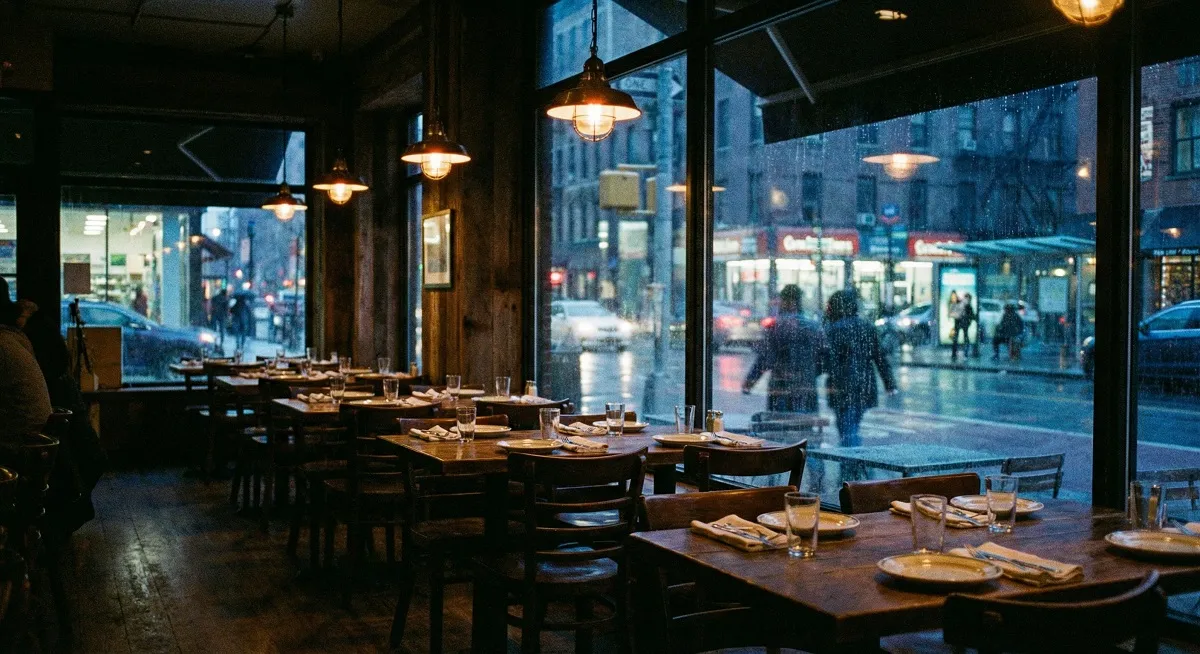 Empty restaurant tables at evening time with busy street visible through window showing missed customer traffic.
