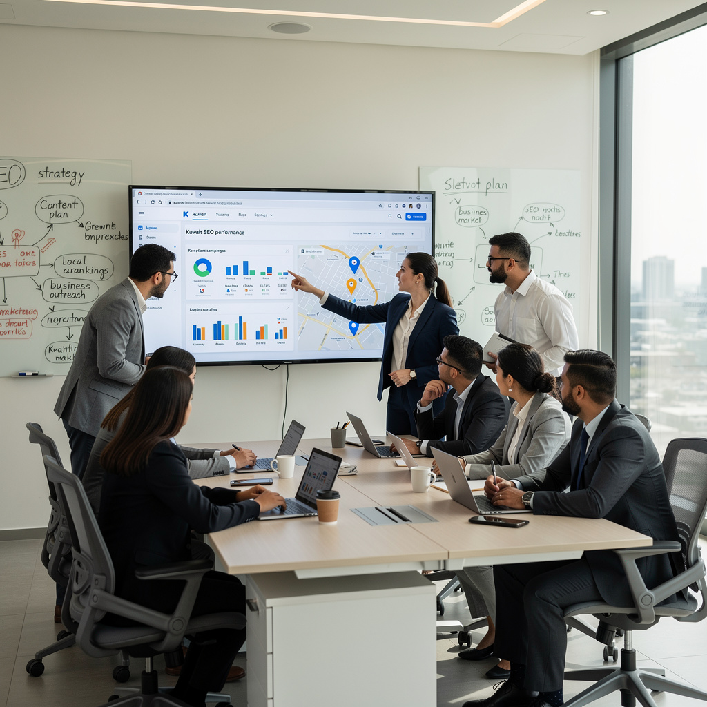 SEOinGCC professional team discussing digital marketing strategy for businesses in Kuwait — expert SEO agency serving Kuwait