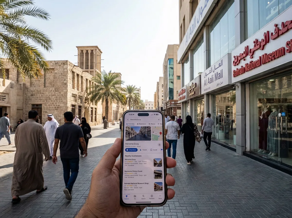 Commercial street in Manama Bahrain with Google local search results — local SEO services for businesses in Bahrain by SEOinGCC