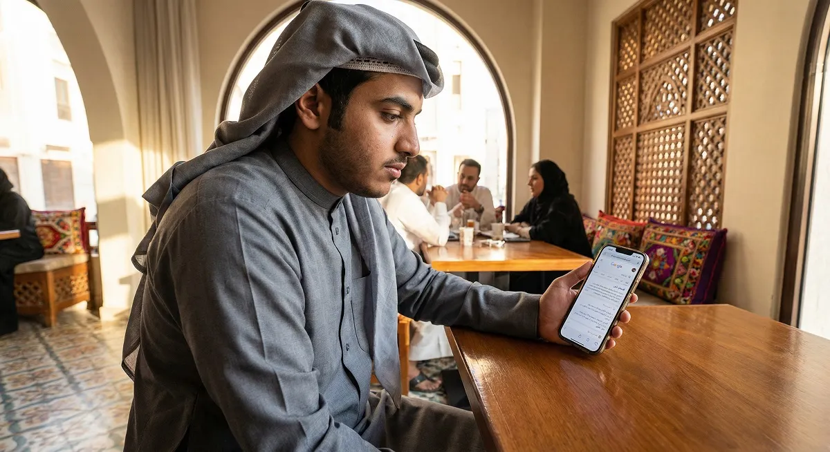 Person searching on Google from a modern café in Doha Qatar using a smartphone