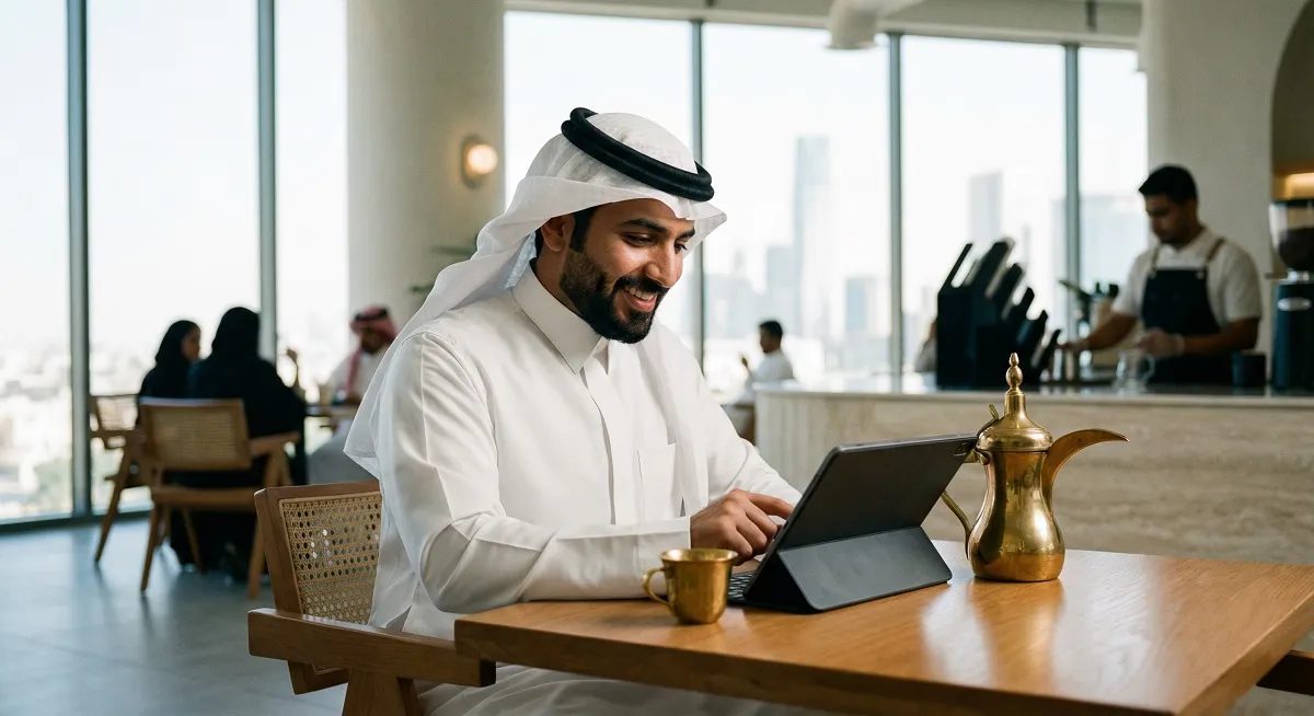 Saudi professional browsing Google on a tablet at a modern Riyadh café with Arabic coffee