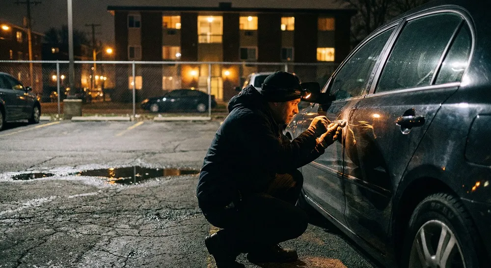 Locksmith working on car door lock at night in a Middle Eastern city parking area