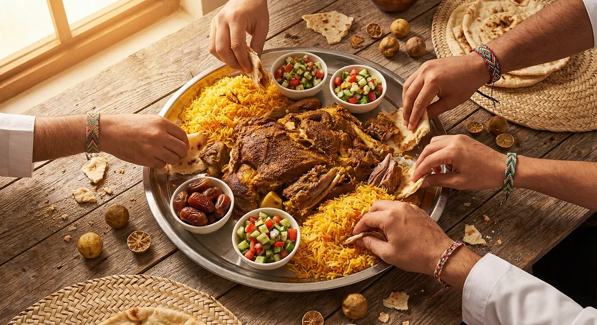 Traditional Omani shuwa dish on communal platter with multiple hands reaching for food at a casual gathering