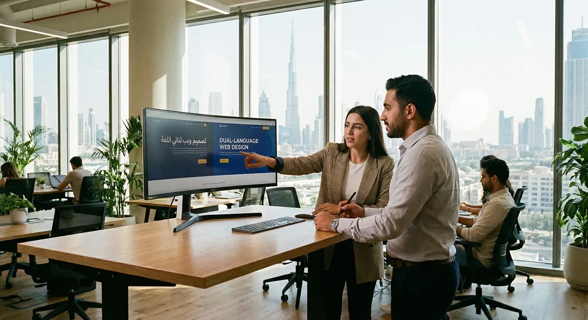 SEO in GCC's team reviewing bilingual Arabic English website mockup