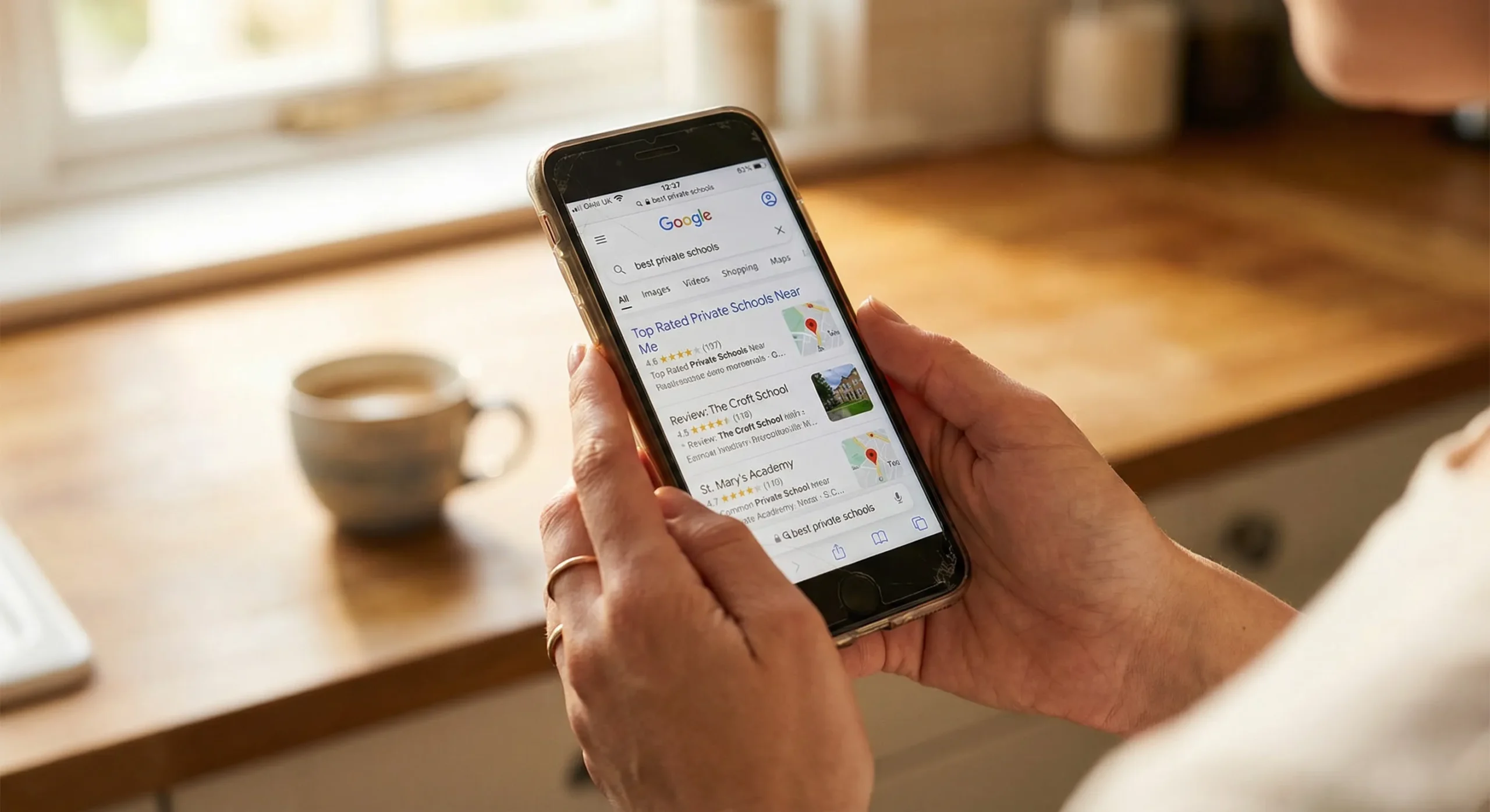 Parent searching for best private schools on smartphone at kitchen counter in the morning