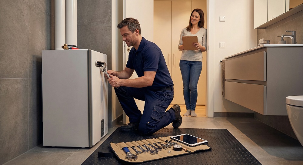 Professional plumber repairing water heater in a modern apartment while homeowner watches from doorway
