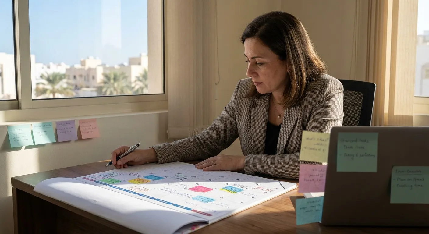 Event coordinator managing wedding setup in Muscat venue.