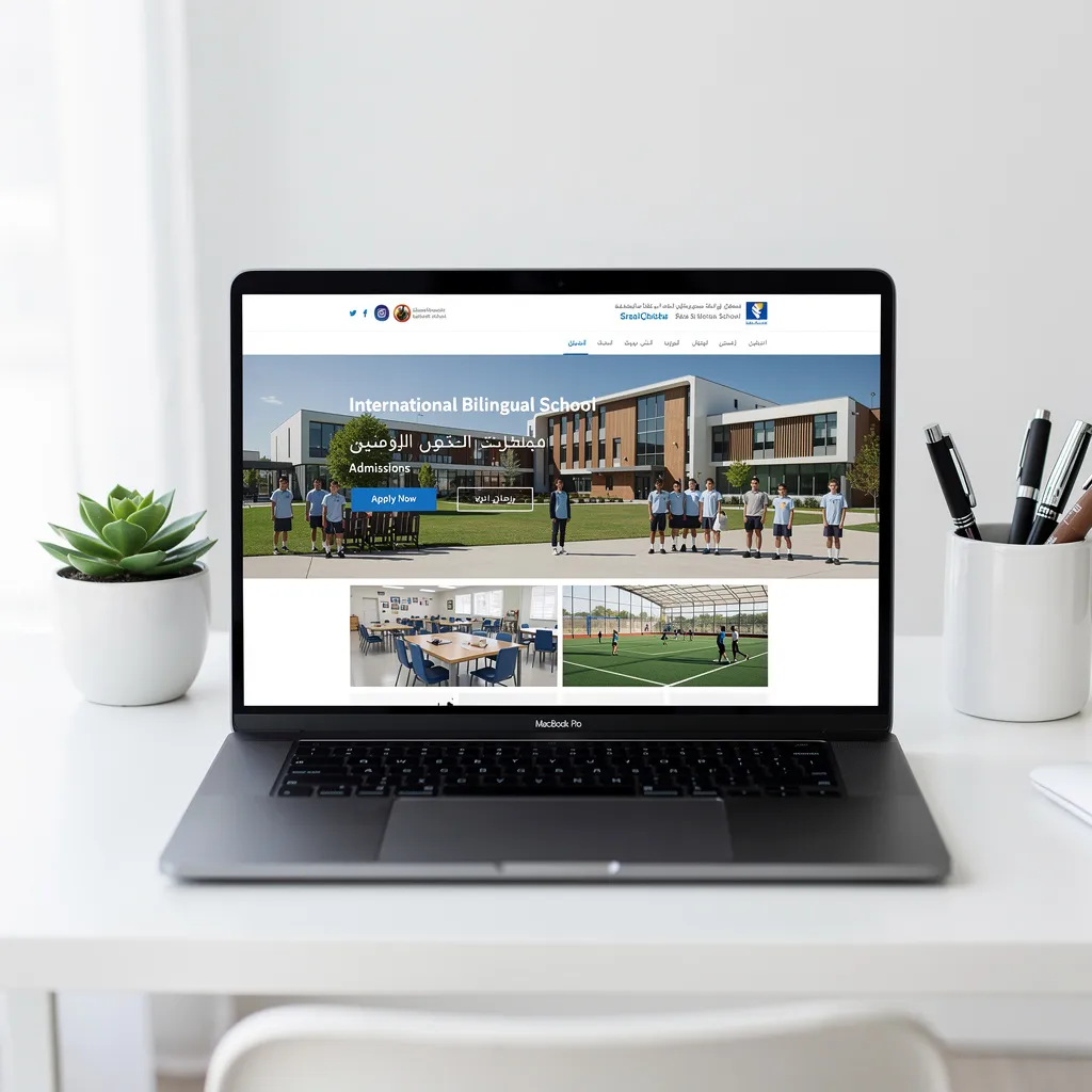 Professional bilingual private school website in Arabic and English displayed on laptop at a clean desk