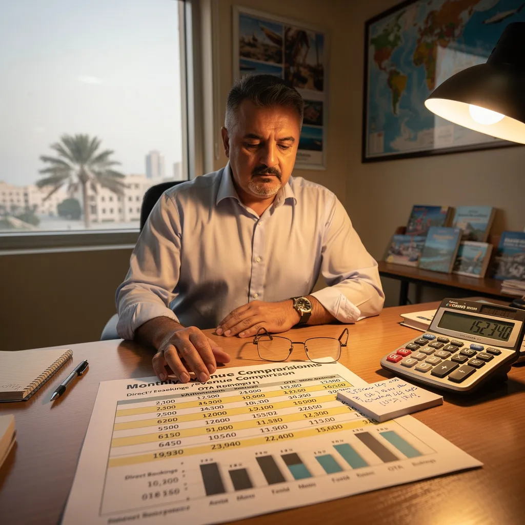 Travel agency owner in Muscat comparing direct booking revenue vs OTA commissions.