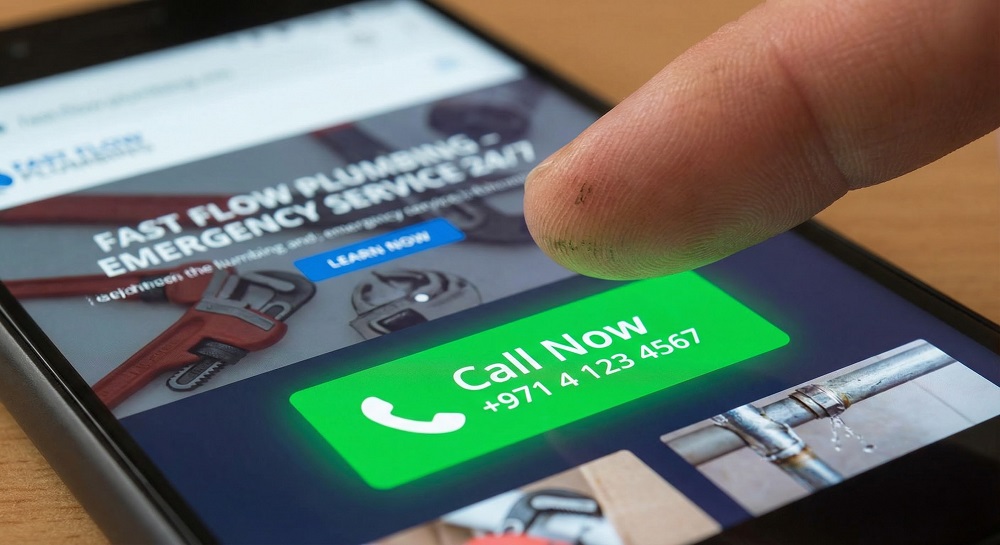 Finger tapping click-to-call button on smartphone screen for an emergency plumbing service website