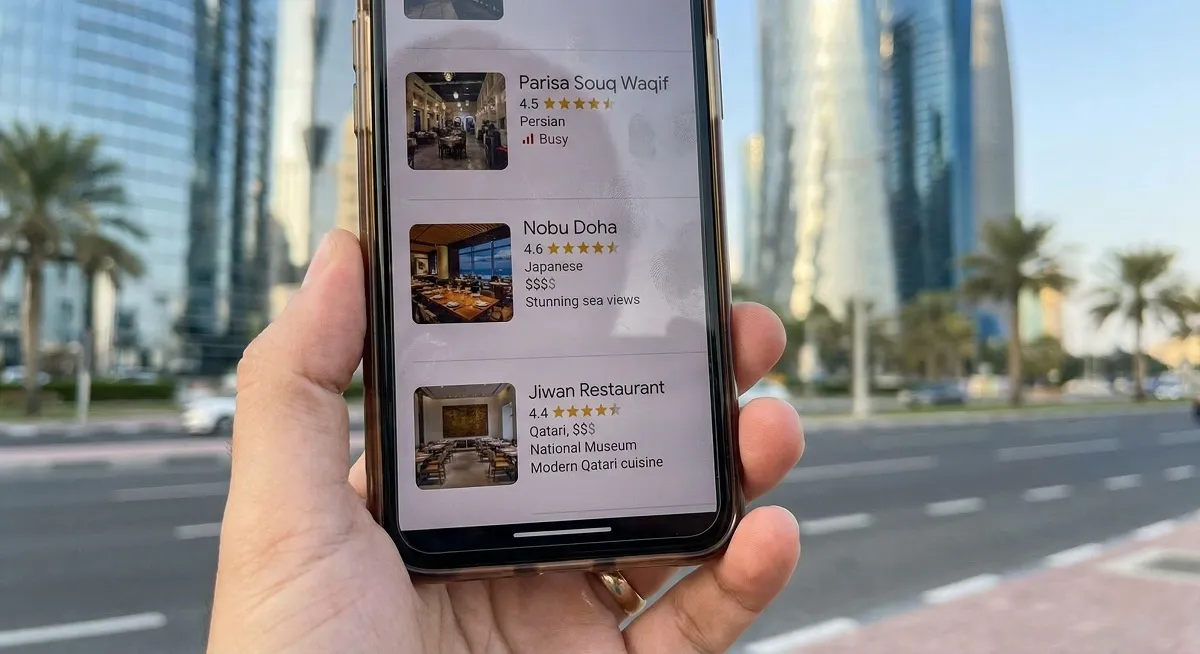 Google Maps local search results for restaurants in Doha Qatar displayed on a smartphone
