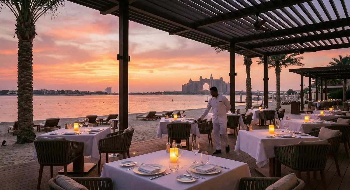 Beachfront restaurant at Palm Jumeirah Dubai at sunset with Atlantis hotel visible in background
