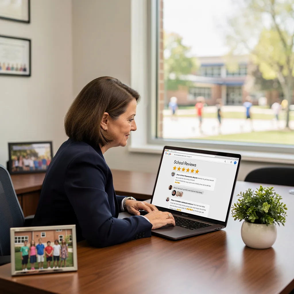 School administrator reviewing Google reviews on laptop in office overlooking school courtyard