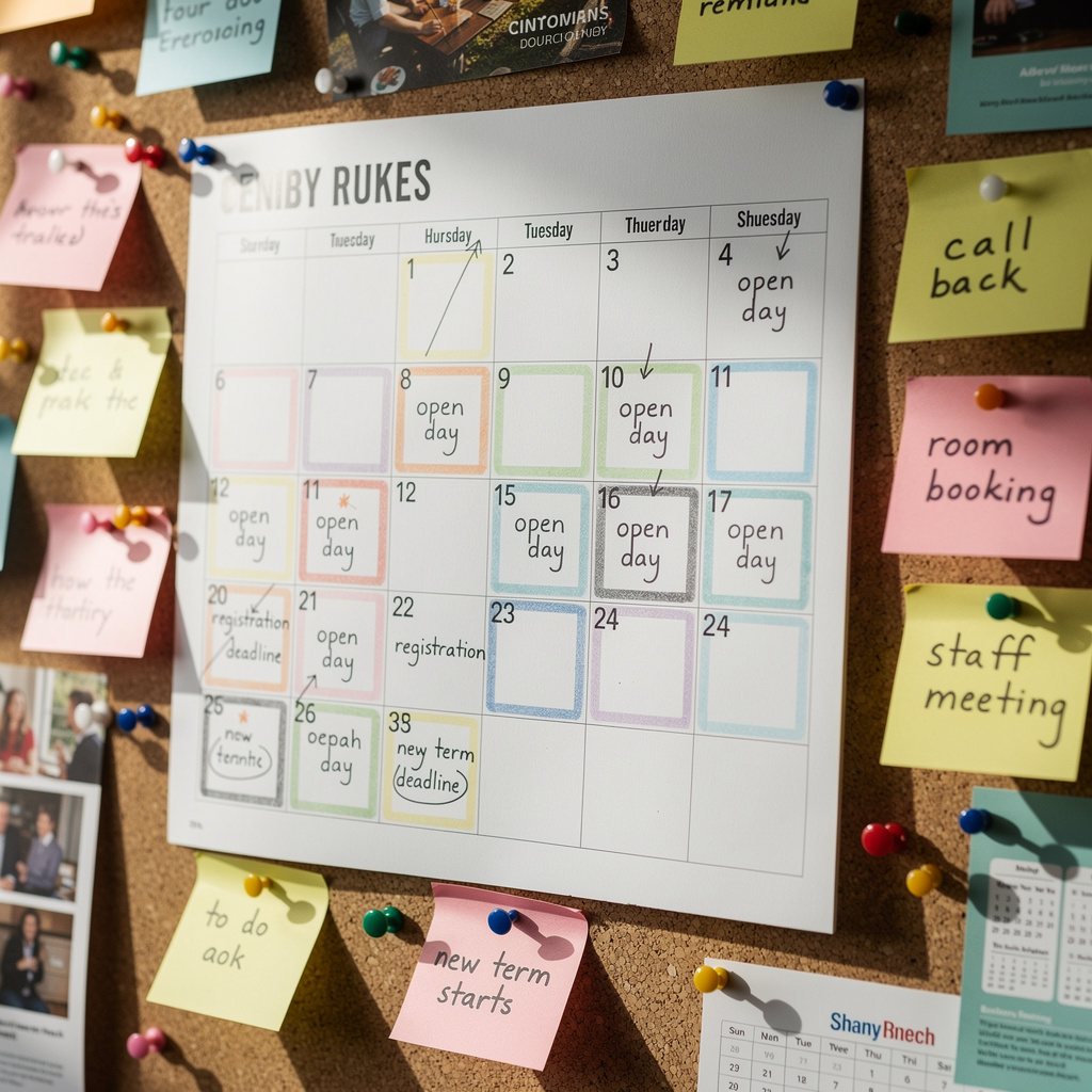 School enrollment calendar on bulletin board with highlighted registration deadlines and open day notes