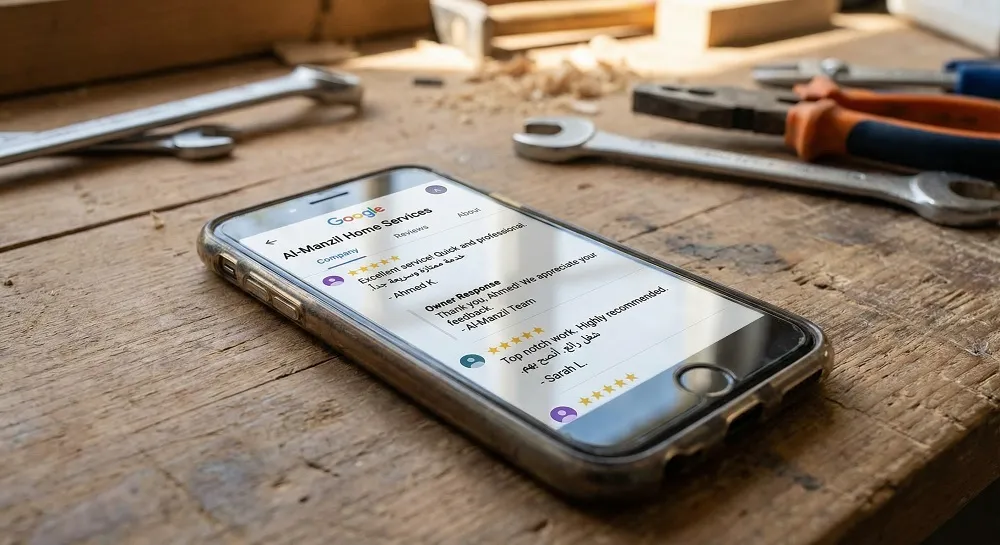 Google reviews for home services company showing five-star ratings and owner responses on smartphone