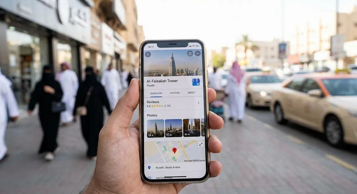  Google Business Profile listing on smartphone screen with SEO in GCC