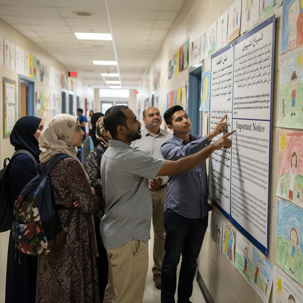 Diverse parents reading bilingual Arabic English notice board in a private school hallway