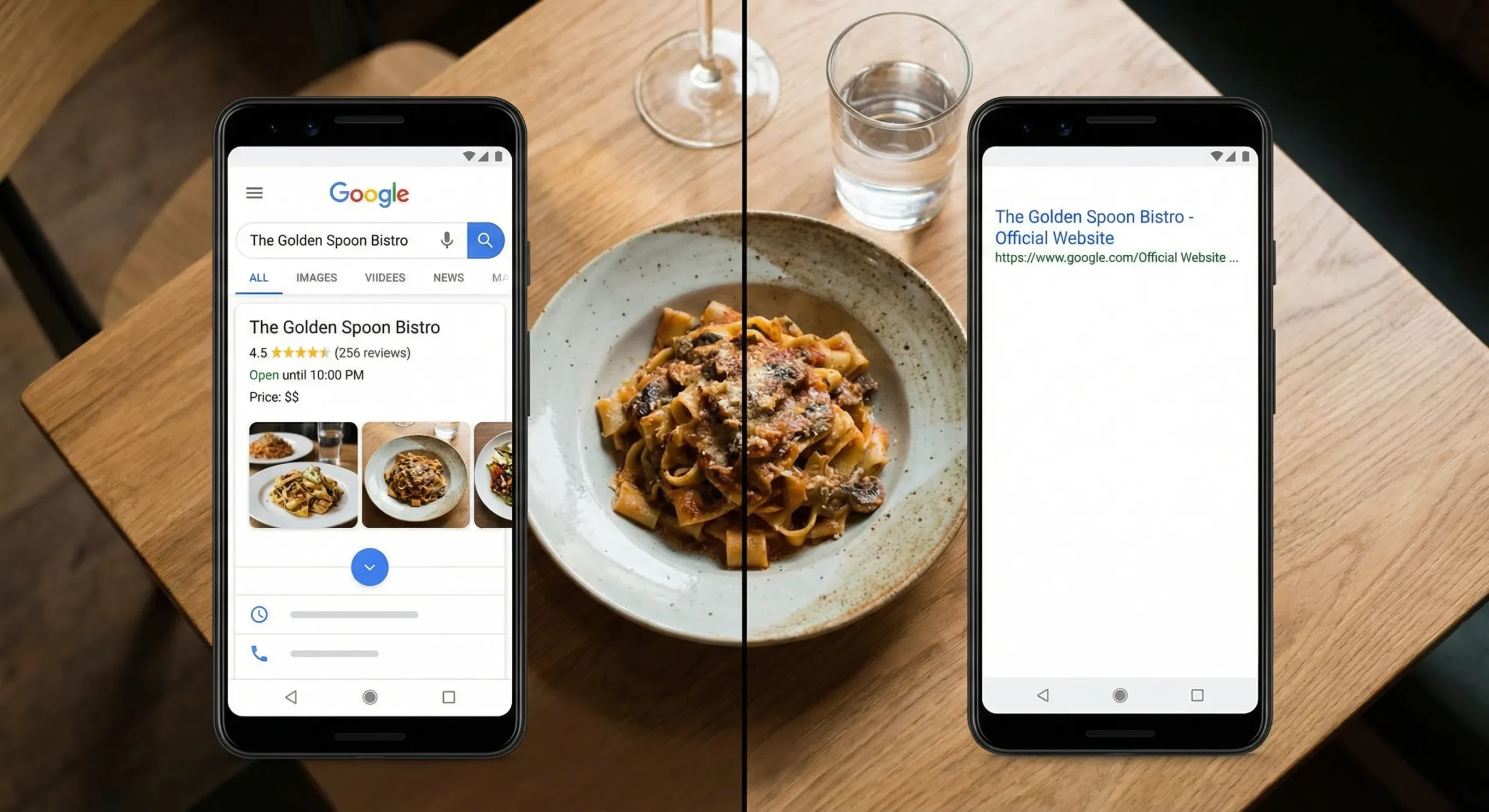 Side by side comparison of rich Google search result with ratings versus plain listing for restaurants