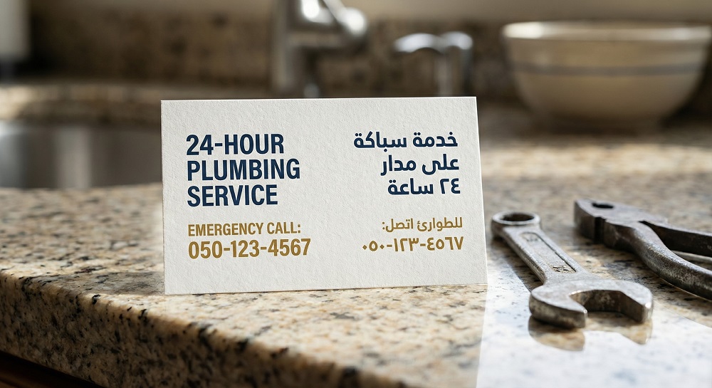Bilingual Arabic English business card for 24-hour emergency plumbing service on kitchen counter