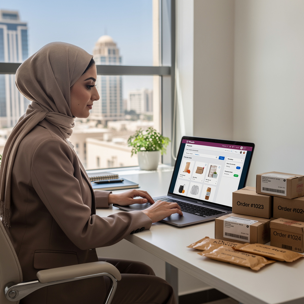 Kuwaiti business owner managing her WooCommerce online store — e-commerce website development in Kuwait by SEOinGCC