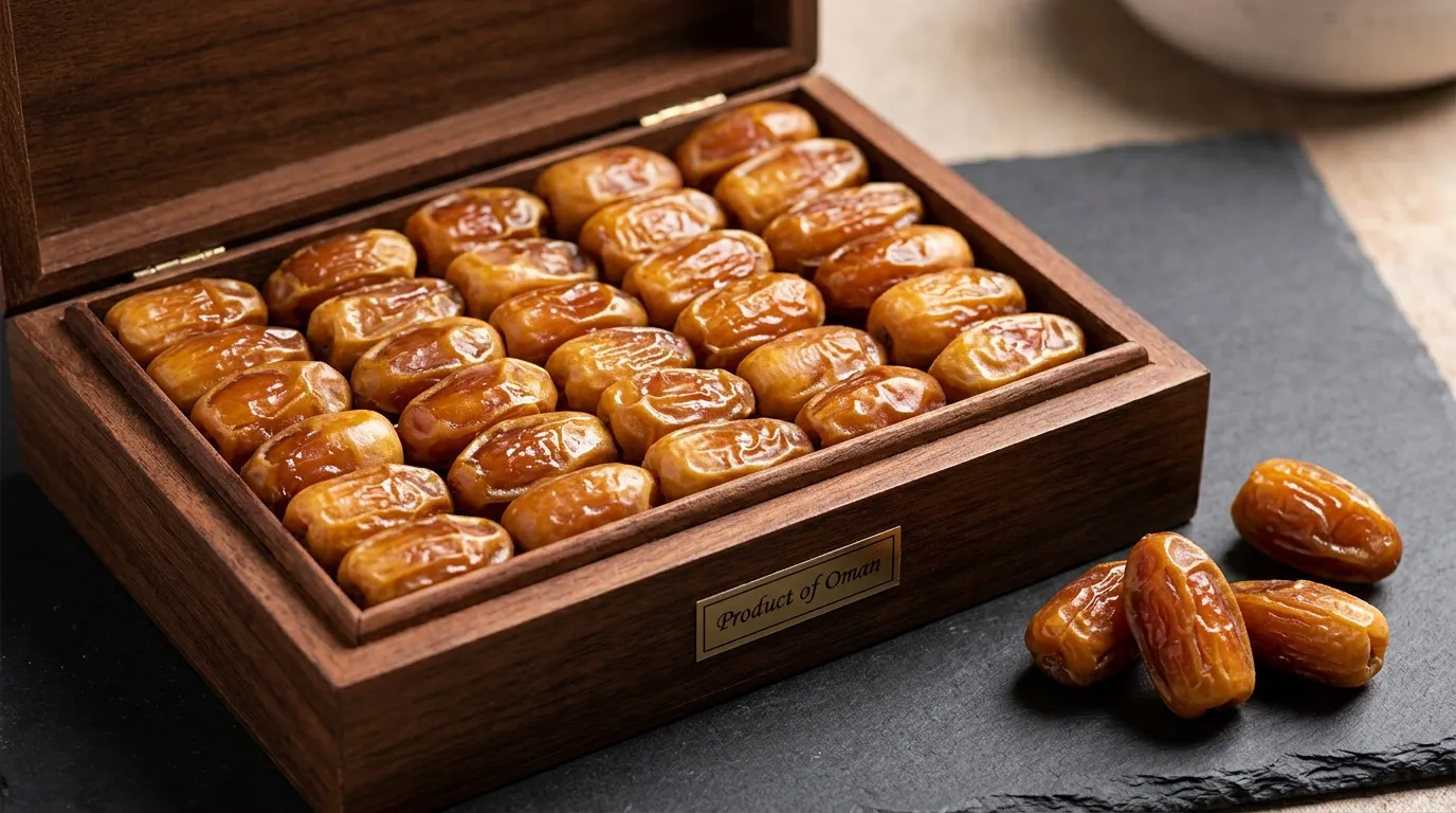 Premium Omani Khalas dates in wooden gift box with Product of Oman label on dark slate surface