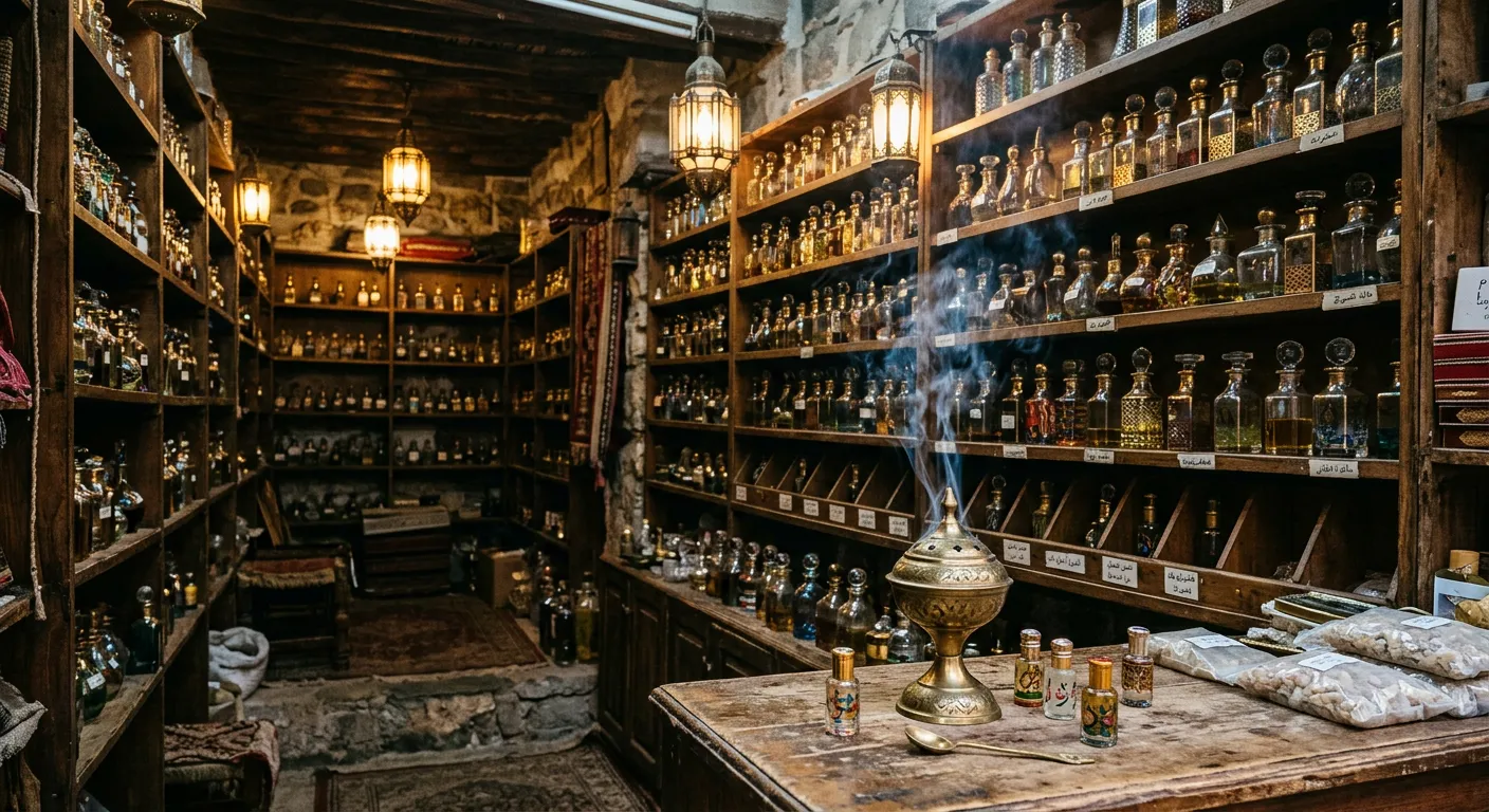 Traditional perfume shop interior in Muttrah Souq Muscat with glass bottles on wooden shelves and incense smoke