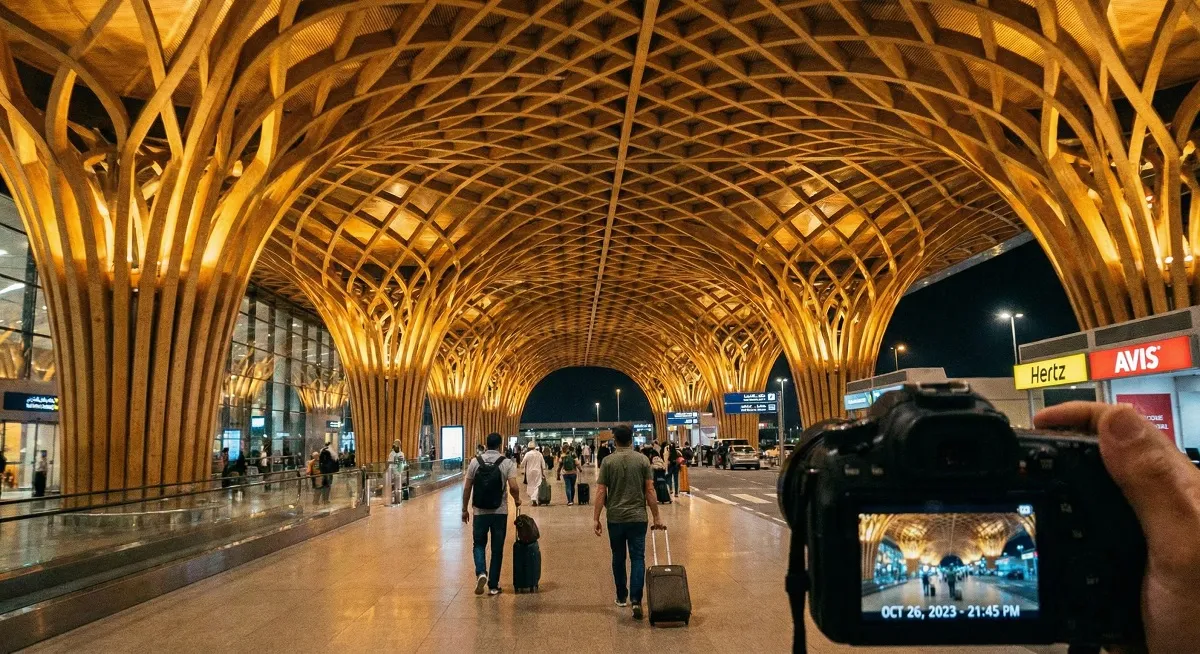 Arrivals hall of Muscat International Airport at night with travelers and car rental signs in the distance