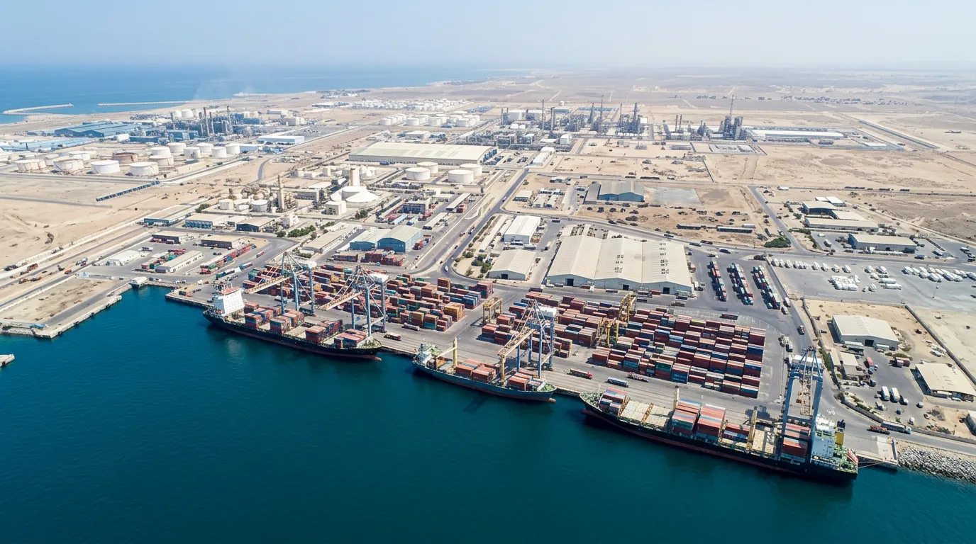 Aerial view of Sohar Port and Free Zone in Oman with cargo ships and industrial facilities