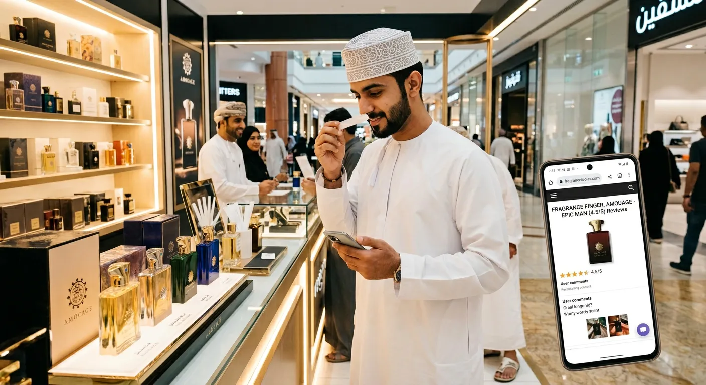 Young Omani man sampling perfume at mall counter while checking fragrance reviews on smartphone