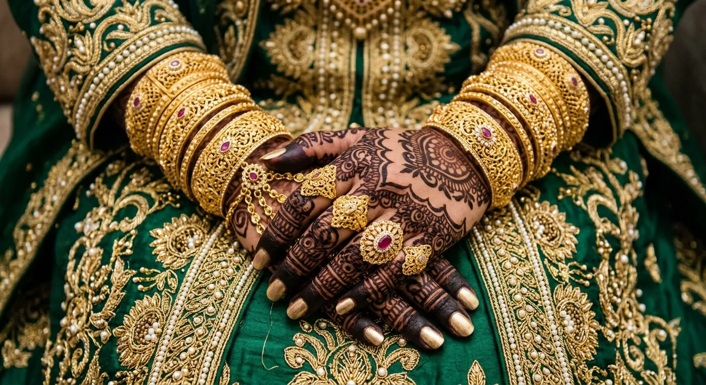 Omani bride's hennaed hands wearing elaborate gold bridal jewelry set against embroidered wedding dress
