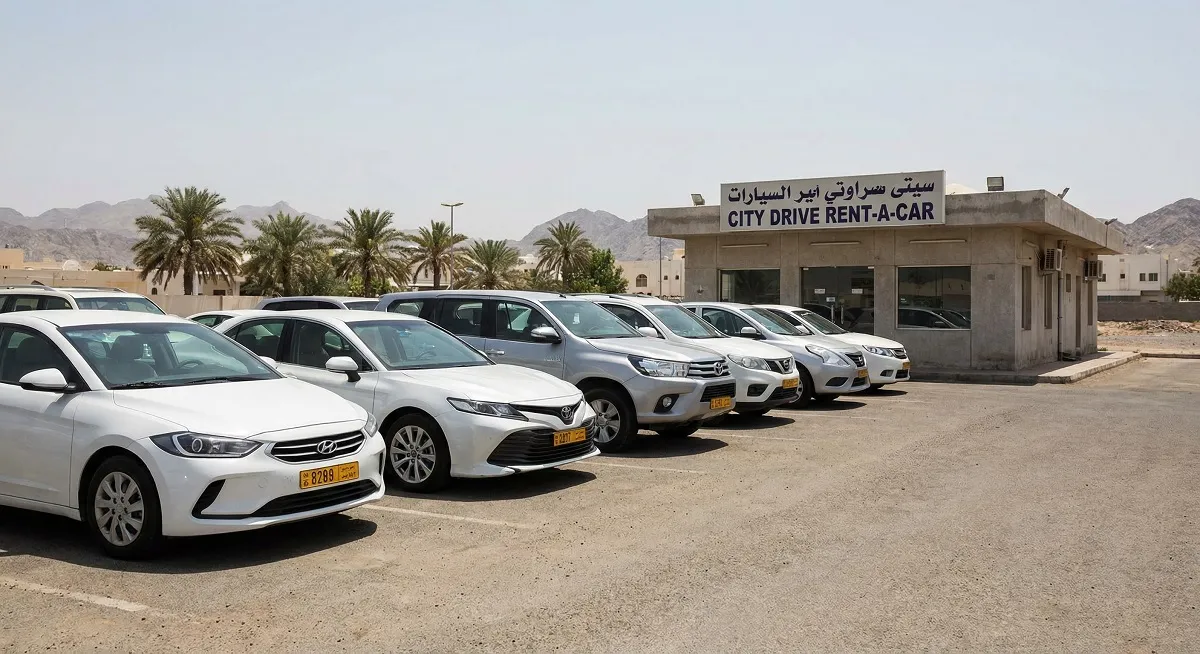 Row of idle rental cars parked in a Muscat car rental lot under midday sun with empty office building