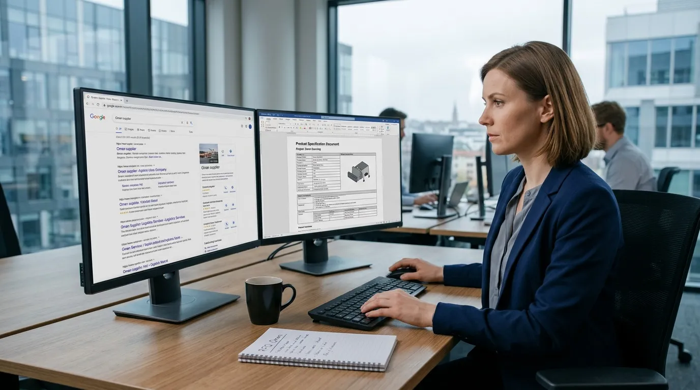 European procurement manager searching for Oman suppliers on Google in a modern office with dual monitors