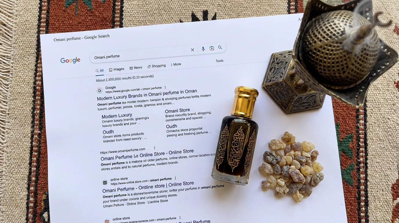 Printed Google search results placed alongside authentic Omani oud bottle frankincense resin and bukhoor burner