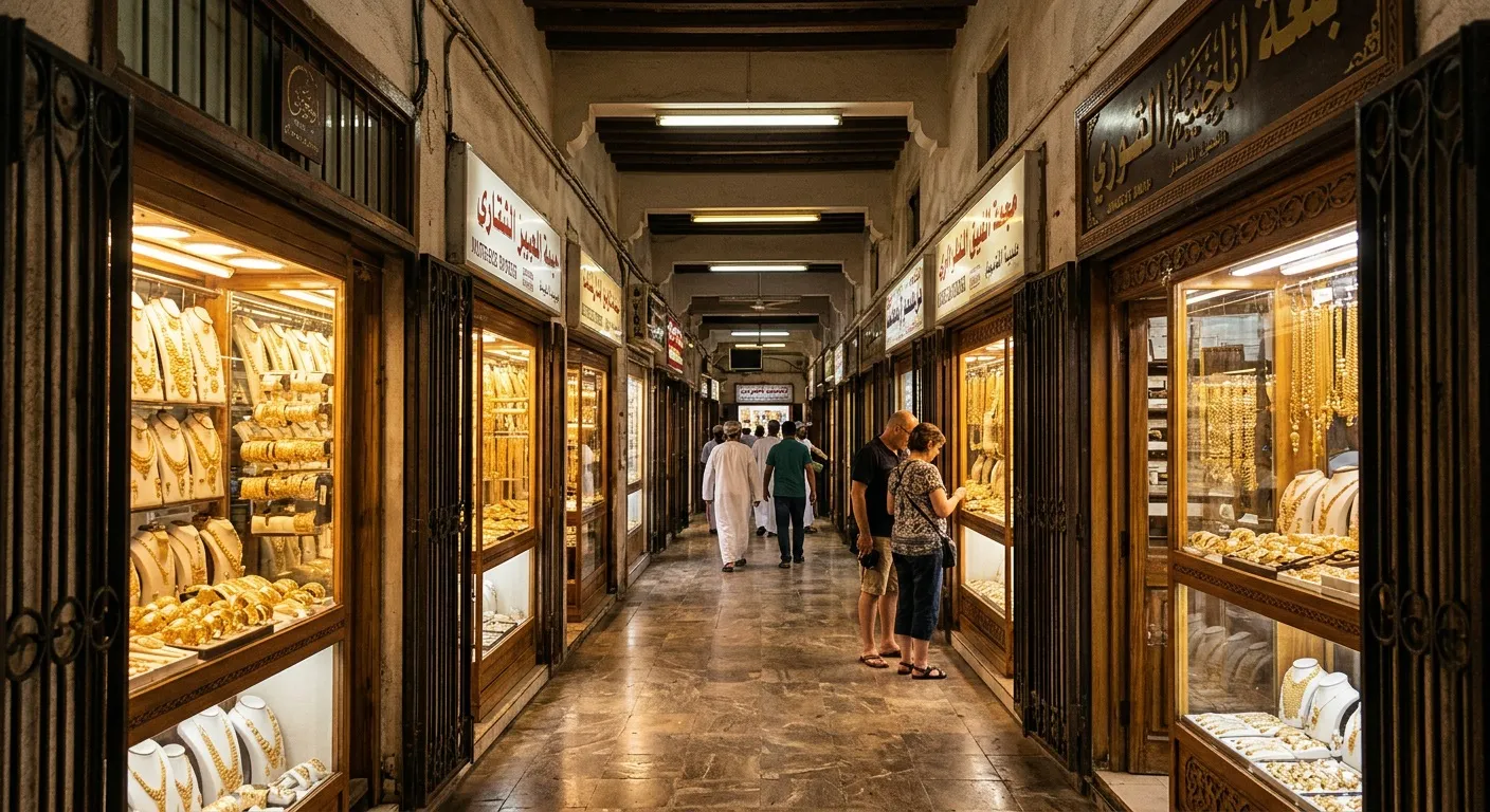 Narrow Muttrah gold souq corridor with glowing jewelry shop windows on both sides and shoppers in distance