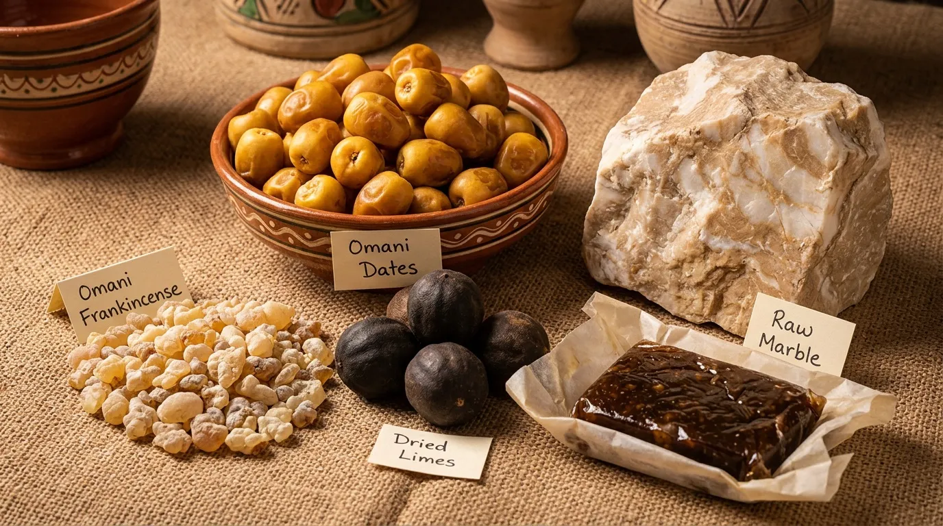 Variety of Omani export products including frankincense resin dates marble and halwa arranged with handwritten labels.