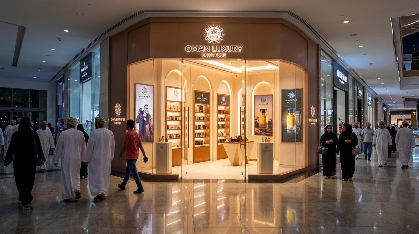 Perfume shop storefront in Muscat mall at evening with shoppers walking past without entering