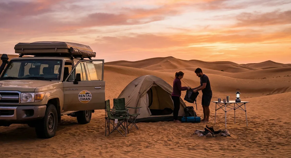 Rental 4x4 vehicle parked at a campsite in Wahiba Sands Oman at sunset with tent and golden dunes