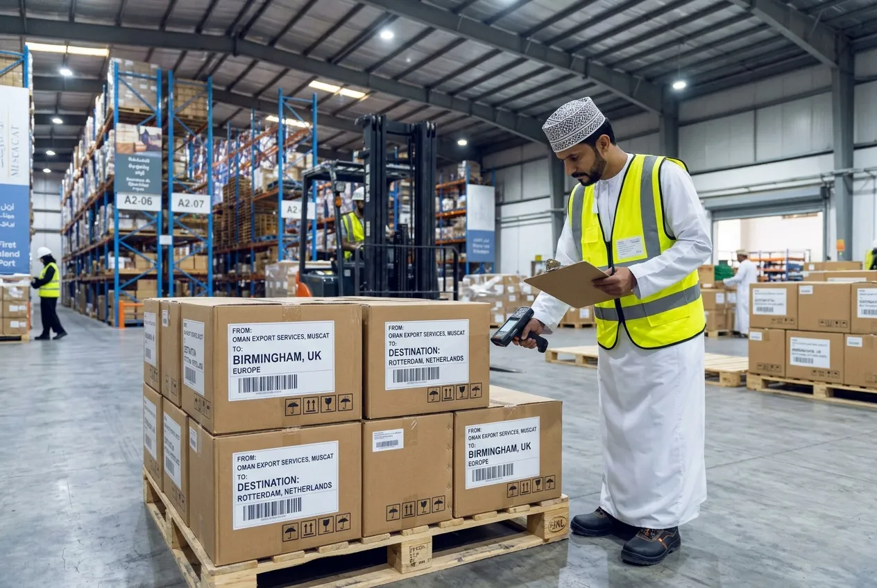 Warehouse worker inspecting export-ready pallets with European shipping labels in an Omani facility