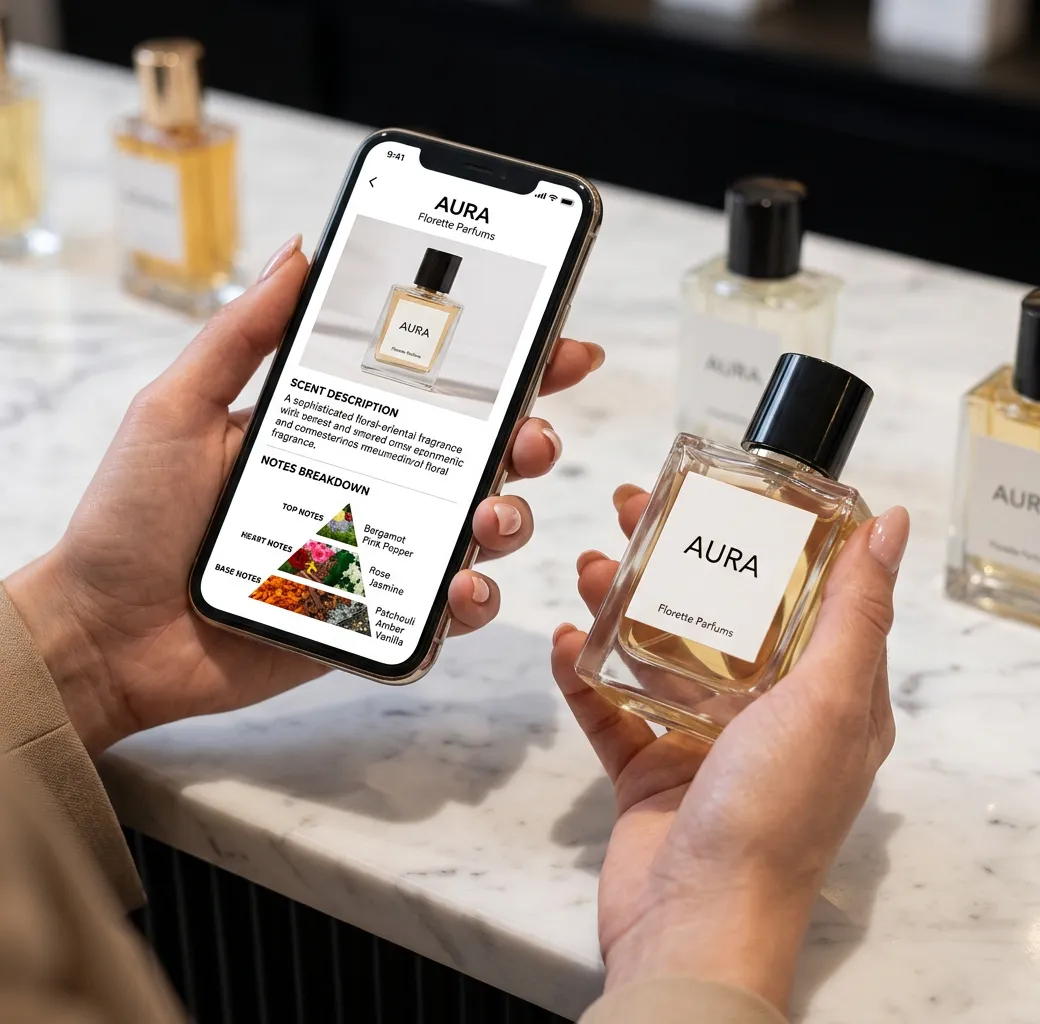 Customer comparing perfume bottle in hand with product description on smartphone at perfume shop counter