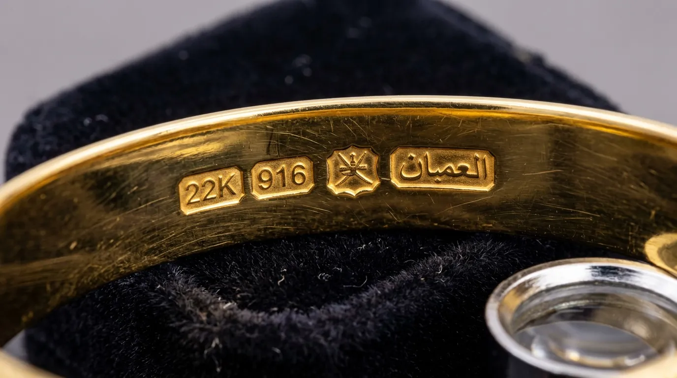 Close-up of 22-karat gold hallmark stamp on bangle showing Oman assay mark on dark velvet pad